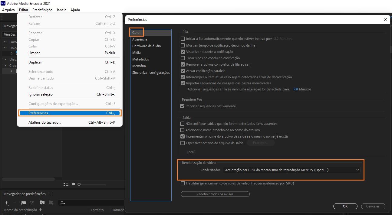 Renderizador no Adobe Media Encoder