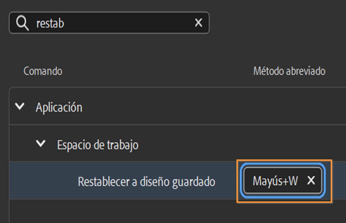 Establezca Mayús+E como método abreviado para restablecer el espacio de trabajo.