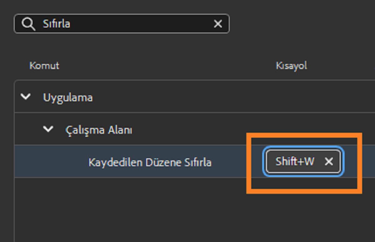 Çalışma alanını sıfırlamak için kısayol olarak Shift+W tuşlarını ayarlayın.