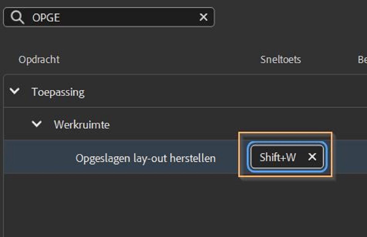 Stel Shift+W in als sneltoets voor het herstellen van de werkruimte.