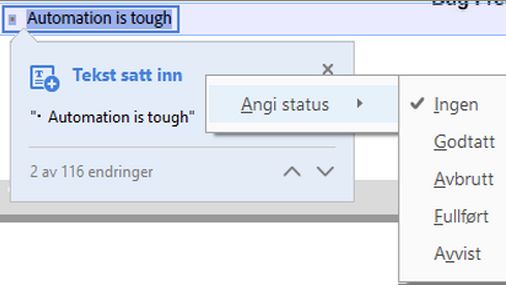 Angi status for endringen