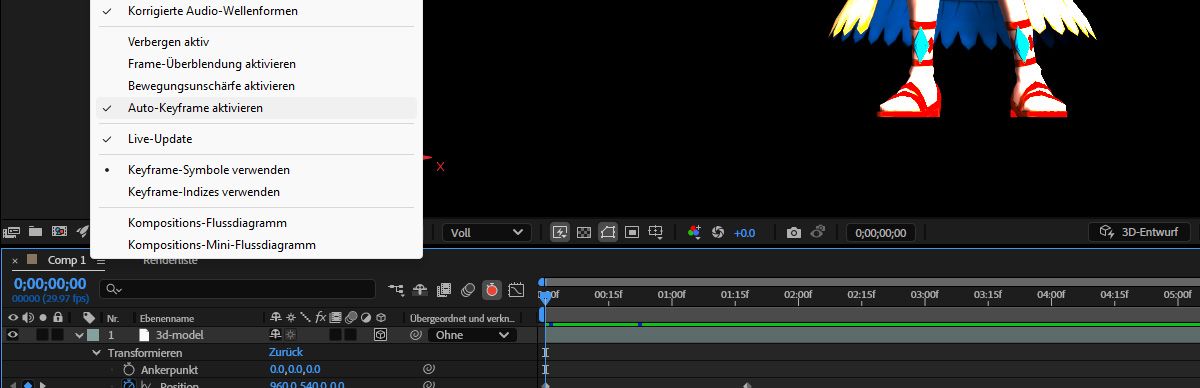Das Einstellungsmenü des Bedienfelds „Zeitleiste“ ist geöffnet und die Option „Auto-Keyframe aktivieren“ ist ausgewählt.