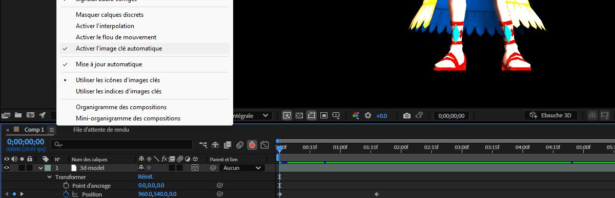 Le menu des paramètres du panneau Montage est ouvert et l’option Activer l’image-clé automatique est sélectionnée.