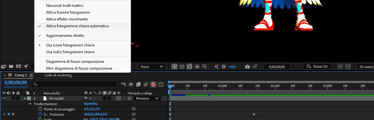 Menu delle impostazioni del pannello Timeline è aperto con l’opzione Abilita fotogramma chiave automatico selezionata.