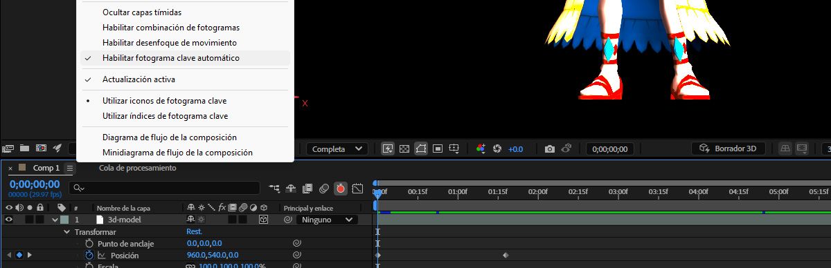 Se abre el menú de configuración del panel Línea de tiempo y se selecciona la opción Habilitar fotograma clave automático.