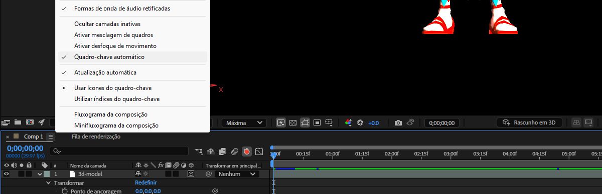 O menu de configurações do painel Linha de tempo está aberto e a opção Habilitar Quadro-chave automático está selecionada.