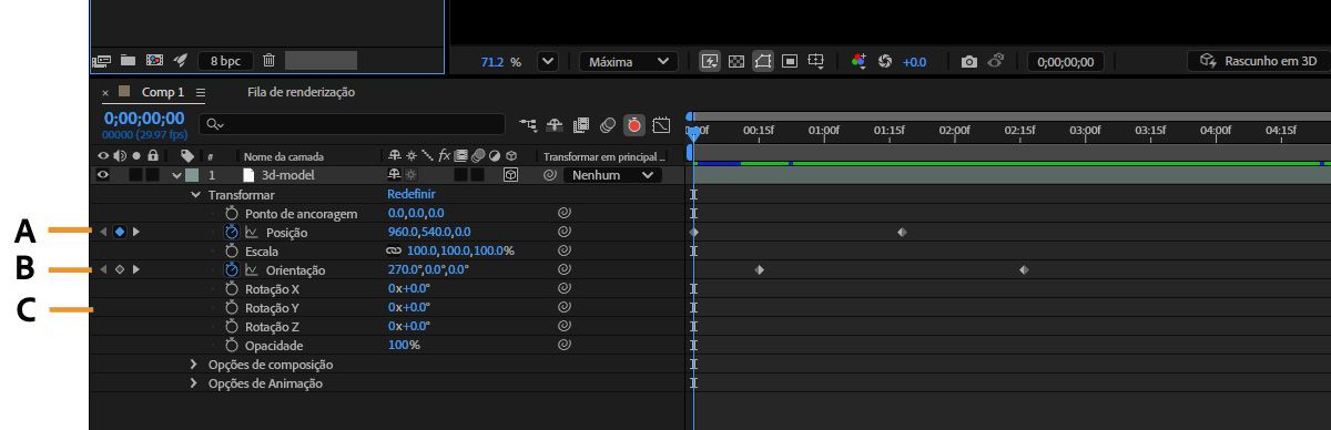 Navegador de quadros-chave no painel Linha de tempo