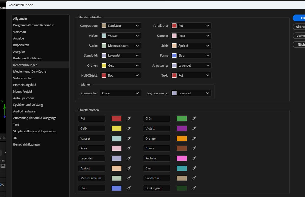 Das Dialogfeld „Voreinstellungen“ ist geöffnet. Dort können die Abschnitte „Standardetiketten“, „Marken“ und „Etikettenfarben“ konfiguriert werden. 