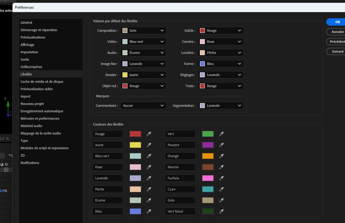 La boîte de dialogue Préférences est ouverte et les sections Libellés par défaut, Marqueurs et Couleurs de libellés sont disponibles pour la configuration. 