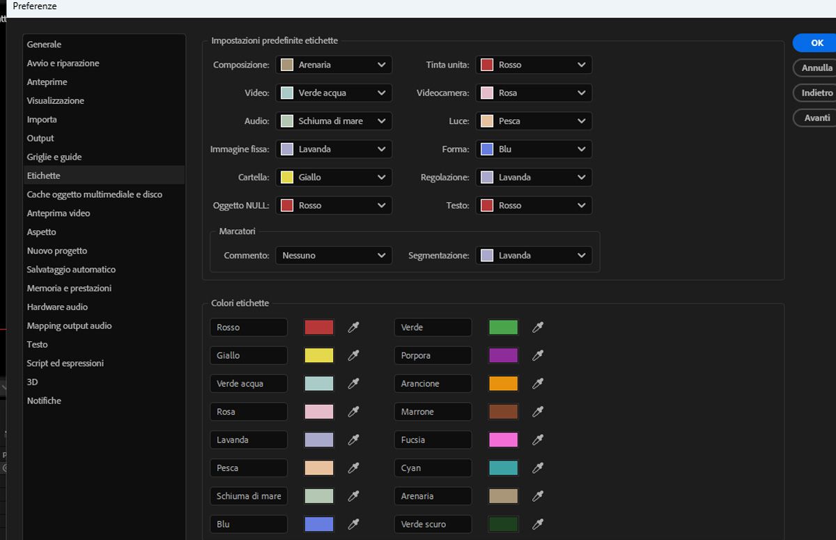 Finestra di dialogo Preferenze aperta con disponibili le sezioni Impostazioni predefinite etichette, Marcatori e Colori etichetta da configurare. 