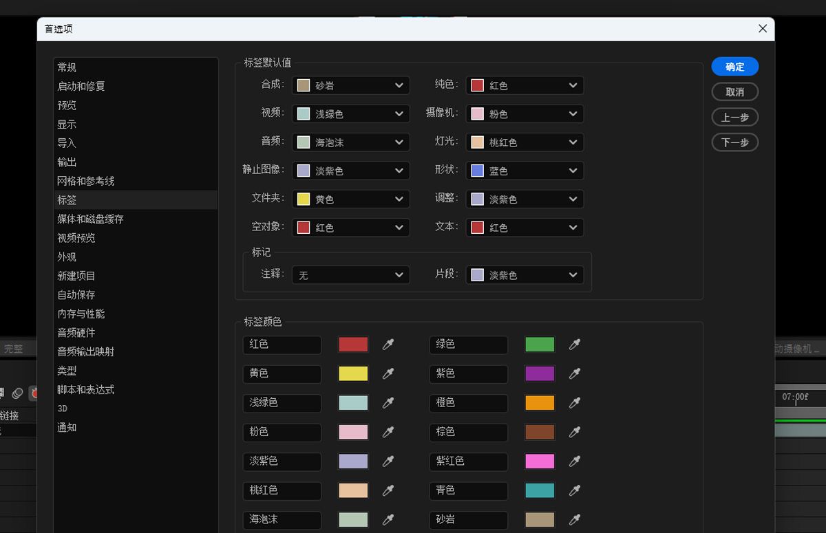“首选项”对话框已打开，可在其中配置“标签默认值”、“标记”和“标签颜色”部分。 