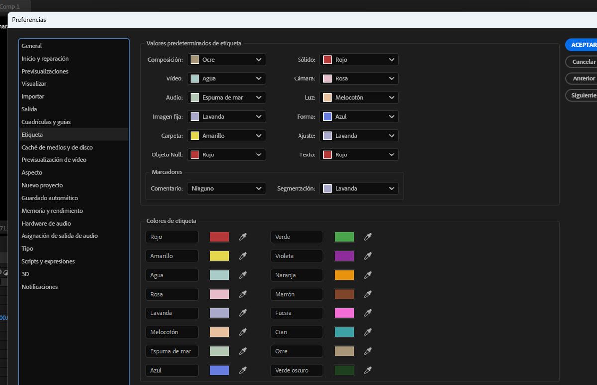 Se abre el cuadro de diálogo Preferencias, en el que se pueden configurar las secciones Valores predeterminados de etiqueta, Marcadores y Colores de etiqueta. 