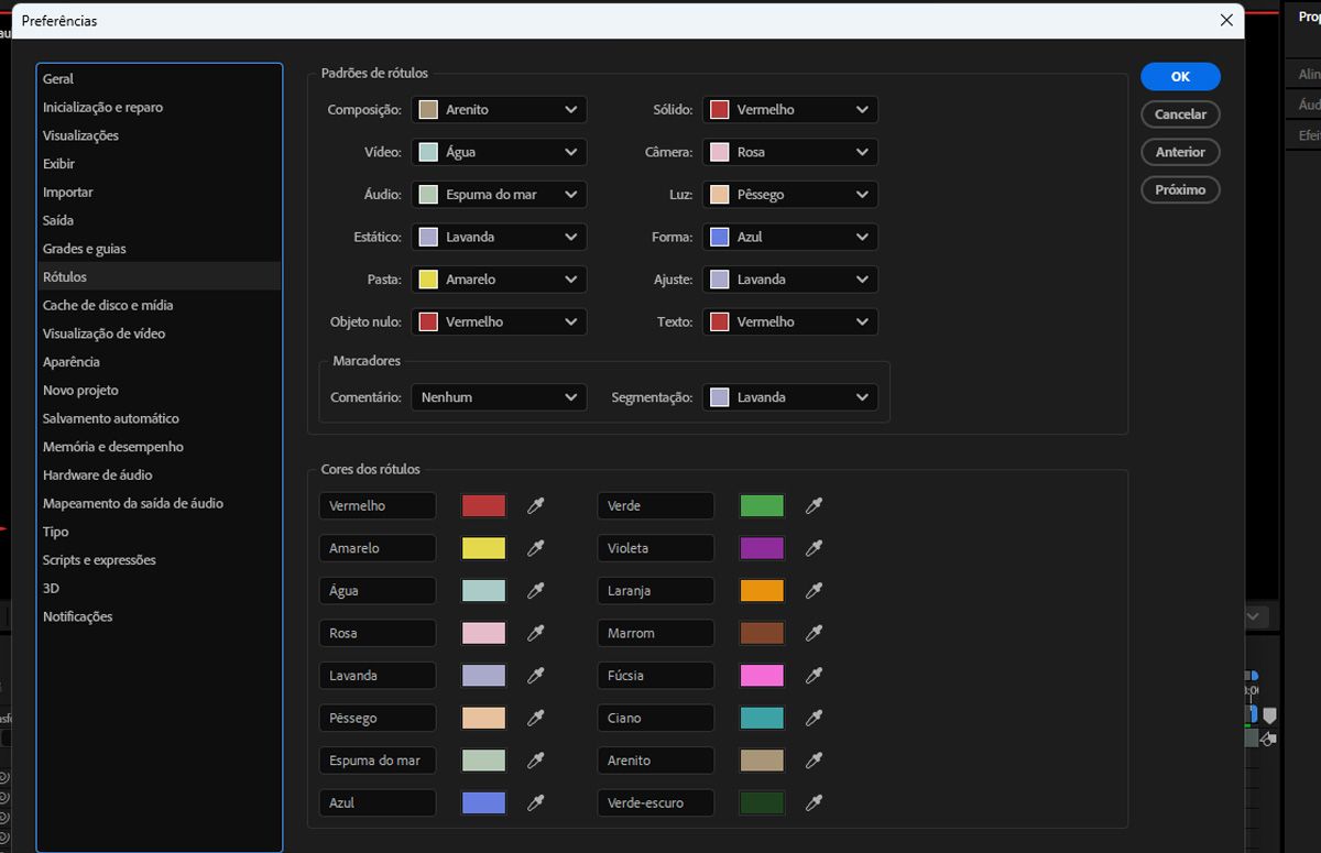 A caixa de diálogo Preferências é aberta e há as seções Padrões de rótulos, Marcadores e Cores de rótulos disponíveis para configuração. 