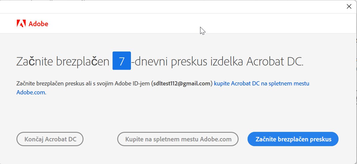 Zaženite poskusno napako Acrobat
