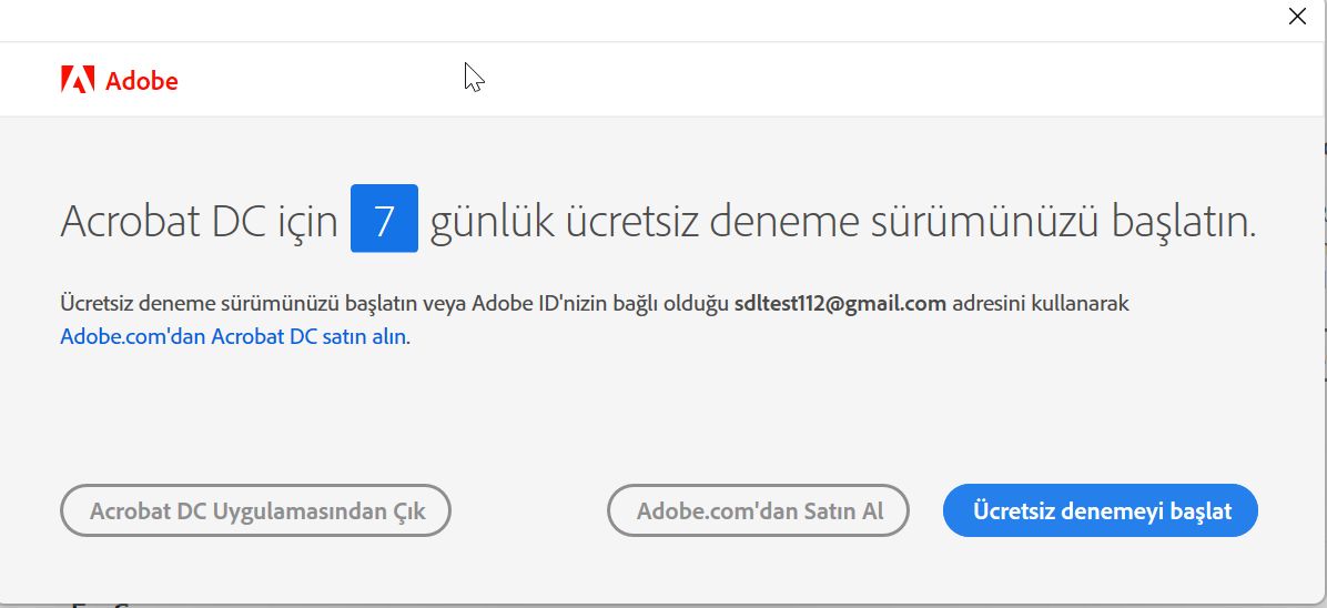 Acrobat deneme sürümü hatasını başlat