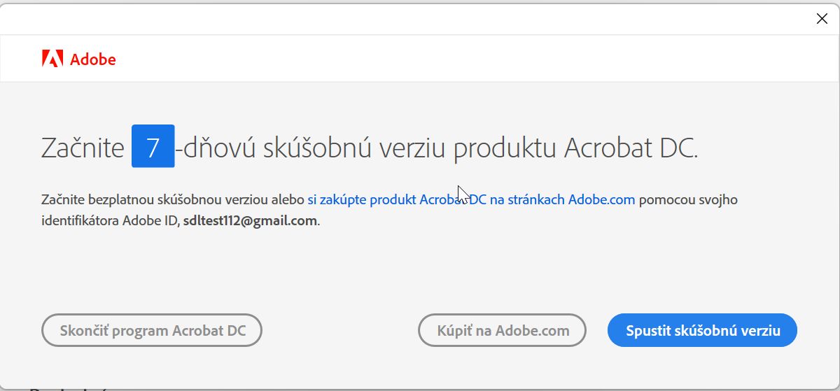 Chyba pri spustení skúšobnej verzie aplikácie Acrobat