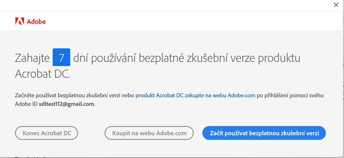 Chyba spuštění zkušební verze aplikace Acrobat