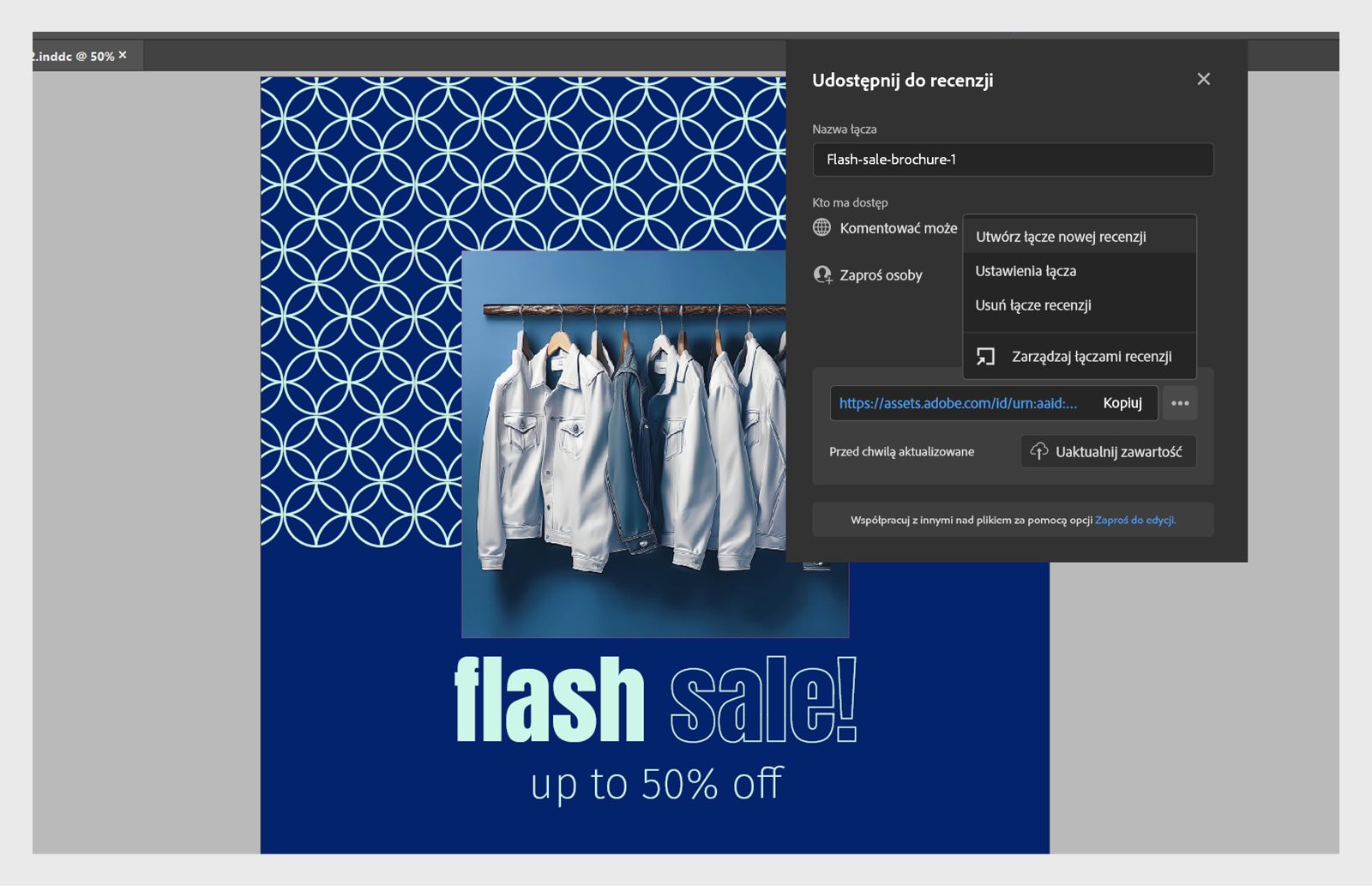 Zrzut ekranu pokazujący opcje dostępne w oknie dialogowym Udostępnij do recenzji