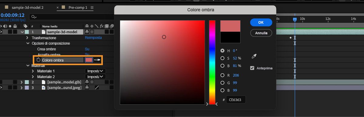 La proprietà Colore ombra è selezionata e il selettore colore è aperto.
