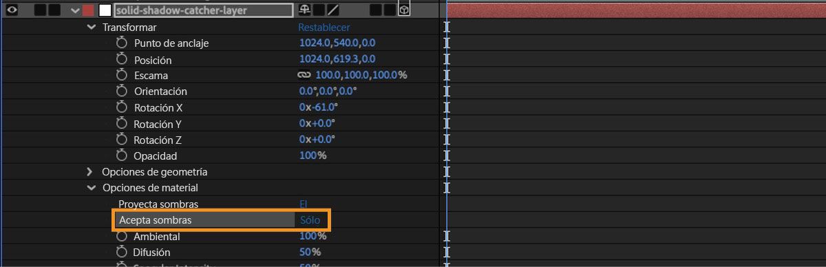 Las Opciones de material de la capa 3D sólida están abiertas y Acepta sombras está especificado como Solo.