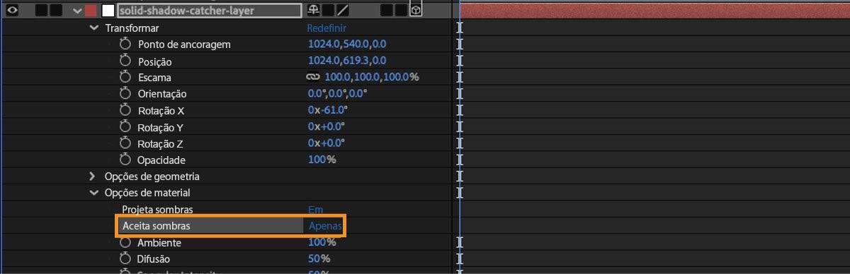 As opções de material para a camada 3D sólida estão abertas com “Aceita sombras” especificada como “Somente”.