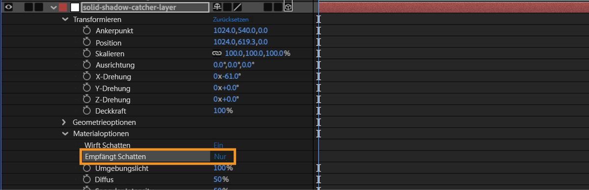 Die Materialoptionen für die 3D-Farbflächeneben sind geöffnet und die Option „Empfängt Schatten“ ist auf „Nur“ festgelegt.