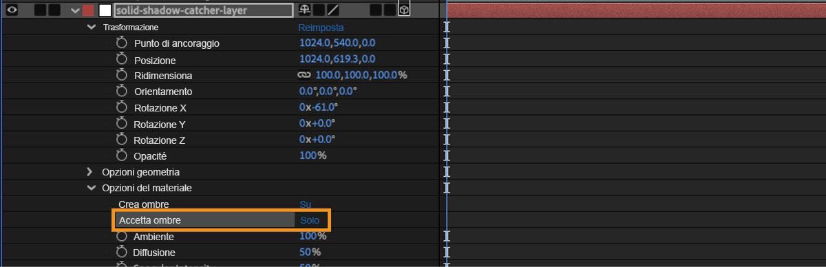 Le Opzioni materiale per il livello 3D tinta unita sono aperte e Accetta ombre è specificato come Solo.