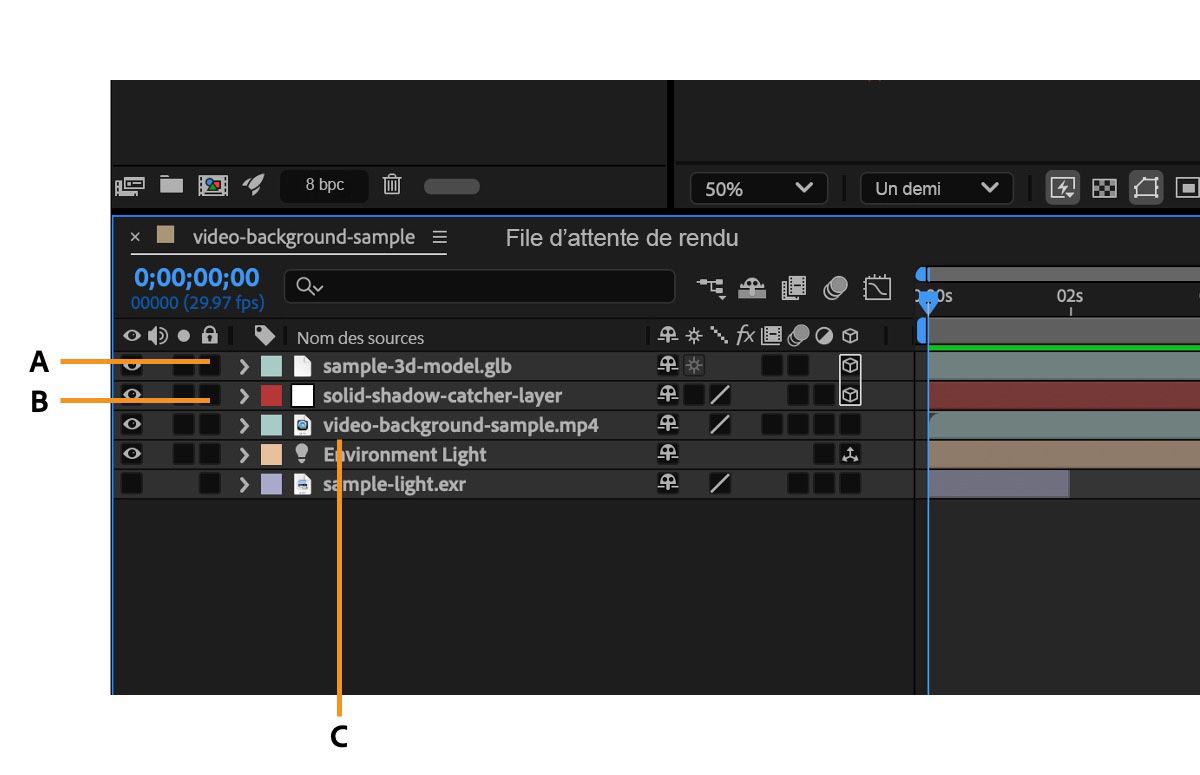 Montage avec différents calques, dont trois sont mis en évidence : un calque avec un modèle 3D, un calque 3D uni et un calque avec une vidéo qui sert d’arrière-plan à la composition.