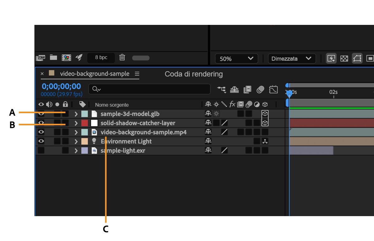 Viene evidenziata una timeline con diversi livelli e tre livelli: un livello con il modello 3D, un livello 3D tinta unita e un livello con un video che funge da sfondo per la composizione.