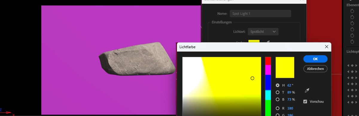 Das Dialogfeld „Lichteinstellungen“ ist geöffnet, unter „Lichtfarbe“ stehen verschiedene Farben zur Auswahl. Die gewählte Farbe bestimmt den Farbton des Lichts in der 3D-Szene.