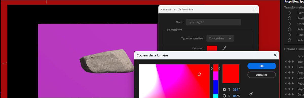 La boîte de dialogue Paramètres de lumière est actuellement ouverte et propose une sélection de couleurs dans le prompt Couleur de la lumière.La couleur choisie détermine la teinte de la lumière dans la scène 3D.