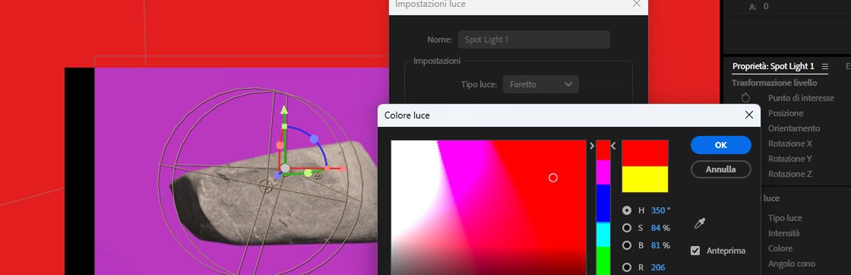 La finestra di dialogo Impostazioni luce attualmente è aperta e offre una selezione di colori nel prompt Colore della luce.Il colore scelto determinerà la tonalità della luce nella scena 3D.