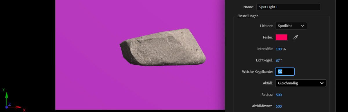 Das Dialogfeld „Lichteinstellungen“ ist geöffnet und die Option „Spotlicht“ ist ausgewählt. Die Lichtfarbe, Intensität, der Winkel und die weiche Kante werden angepasst, um das Erscheinungsbild des Spotlichts in der 3D-Szene zu ändern.