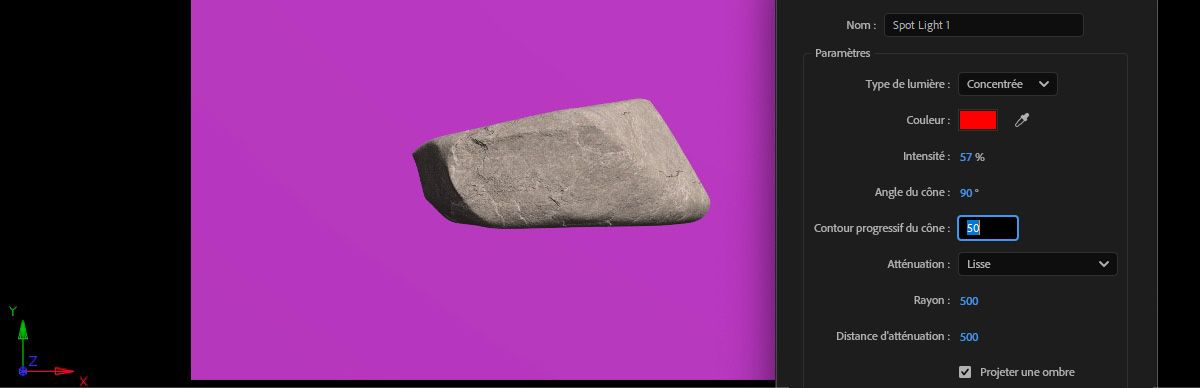 La boîte de dialogue Paramètres de lumière s’ouvre avec l’éclairage Spot sélectionné.La couleur de la lumière, l’intensité, l’angle du cône et le contour progressif du cône sont ajustés pour modifier l’apparence de l’éclairage Spot dans la scène 3D.