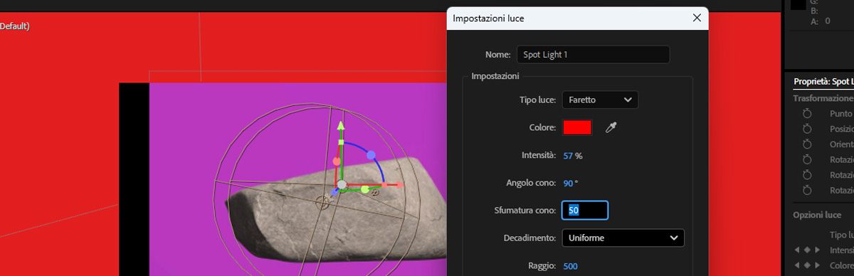 La finestra di dialogo Impostazioni luce è aperta con la luce Faretto selezionata.Il colore della luce, l’intensità, l’angolo cono e la sfumatura cono vengono regolati per modificare l’aspetto della luce Faretto nella scena 3D.