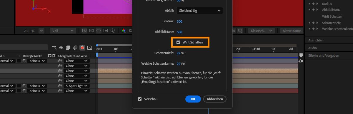 Das Dialogfeld „Lichteinstellungen“ ist geöffnet und die Option „Wirft Schatten“ ist ausgewählt, wodurch der Schattenwurf für das Licht in der 3D-Szene aktiviert wird.