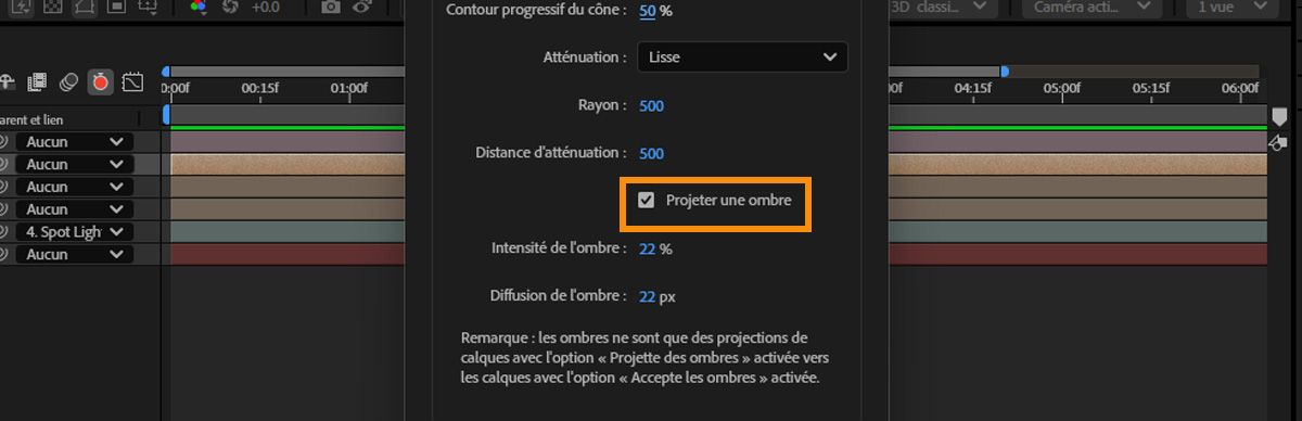 La boîte de dialogue Paramètres de lumière s’ouvre avec l’option Projette une ombre sélectionnée, permettant ainsi à la lumière de projeter des ombres dans la scène 3D.