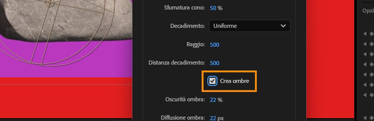 La finestra di dialogo Impostazioni luce è aperta con l’opzione Crea ombre selezionata, per consentire alla luce di proiettare ombre nella scena 3D.