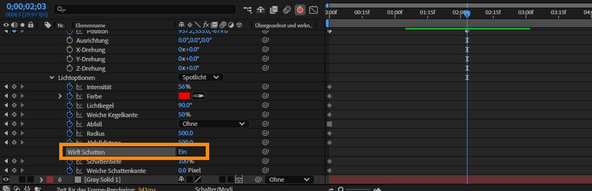 In der Zeitleiste sind die Eigenschaften eines Spotlichts aufgeführt, und unter „Lichtoptionen“ ist die Eigenschaft „Wirft Schatten“ aktiviert.