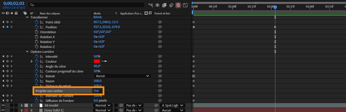 Dans le panneau Montage, les propriétés d’un éclairage Spot sont répertoriées et, sous Options Lumière, la propriété Projette des ombres est activée.