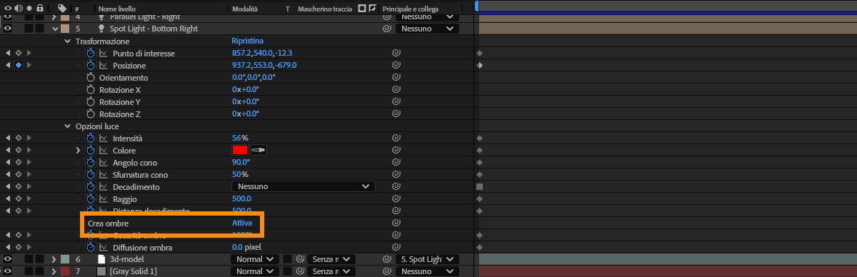 Nel pannello Timeline sono elencati le proprietà di una luce Faretto e in Opzioni luce è attivata la proprietà Crea ombre.