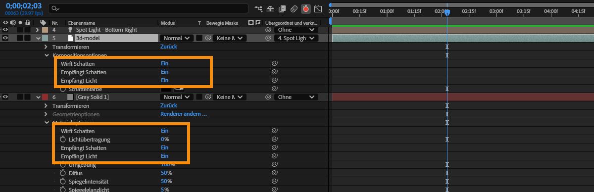 Im Bedienfeld „Zeitleiste“ sind die Eigenschaften der 3D-Ebenen geöffnet.Für die Ebene mit dem 3D-Modell sind die Lichter und Schatten unter „Kompositionsoptionen“ aktiviert. Für die 3D-Farbflächenebene sind die Lichter und Schatten unter „Materialoptionen“ aktiviert.