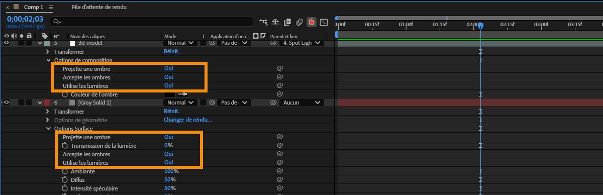 Dans le panneau Montage, les propriétés des calques 3D sont étendues.Pour le calque avec le modèle 3D, les éclairages et les ombres sont activés sous Options de composition.Pour le calque 3D solide, les éclairages et les ombres sont activés sous Options de surface.