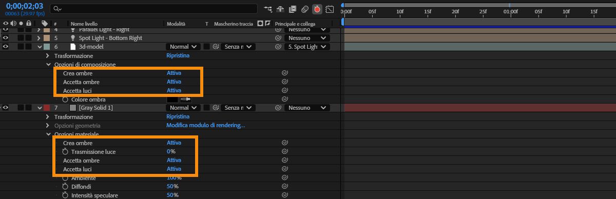Le proprietà dei livelli 3D sono espanse nel pannello Timeline.Per il livello con il modello 3D, le luci e le ombre sono attivate in Opzioni di composizione.Per il livello 3D in tinta unita, le luci e le ombre sono attivate in Opzioni materiale.