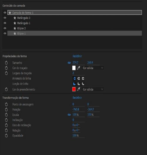 Propriedades de forma e transformações de forma de uma camada de forma selecionada no painel Propriedades.