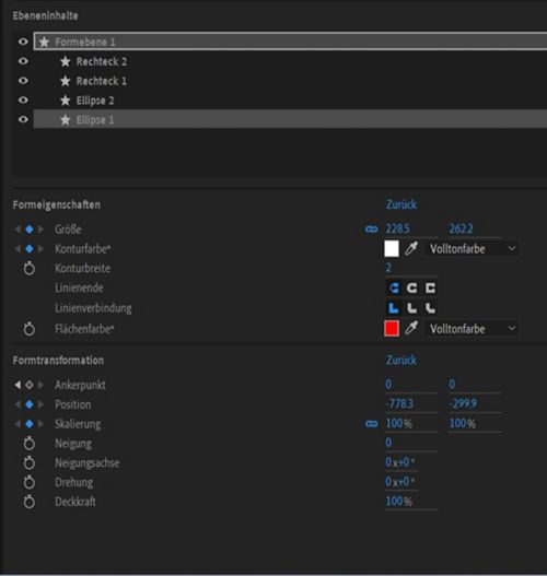 Formeigenschaften und Formtransformationen für eine ausgewählte Formebene im Eigenschaften-Bedienfeld.