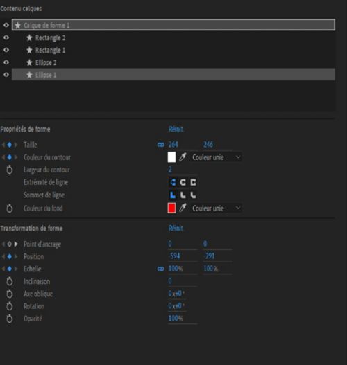 Propriétés de forme et transformations de forme pour un calque de forme sélectionné dans le panneau Propriétés.
