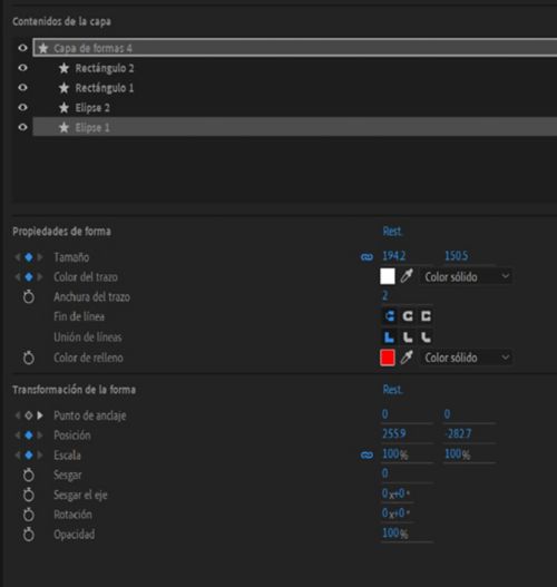 Propiedades de forma y Transformaciones de forma para una capa de forma seleccionada en el panel Propiedades.