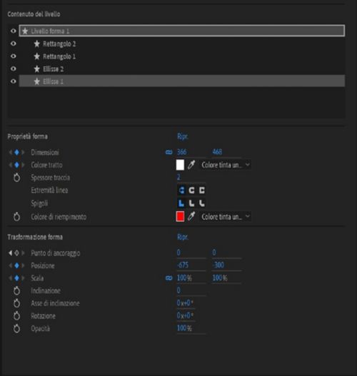 Proprietà forma e Trasformazioni forma per un livello Forma selezionato nel pannello Proprietà.
