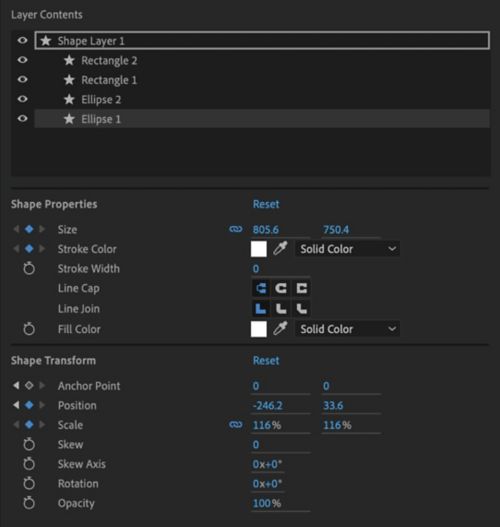 Shape Properties and Shape Transforms for a selected Shape layer in the Properties Panel.